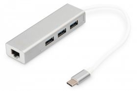 DIGITUS 3 Port USB 3.0 Type-C Hub with Gigabit Ethernet 3xUSB A/F,1xUSB C/M,1xRJ45 LAN, Win/Mac OS (DA-70255)