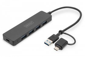 DIGITUS USB 3.0 Hub 4-Port, Slimline with USB-C Adapter, 5Gbps, 0,2m cable (DA-70235)