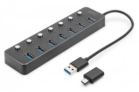 DIGITUS USB 3.0 Hub, 7-port, switch Aluminium housing, Incl. 5V/2A power supply (DA-70248)