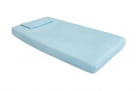 Lenjerie patut bebe, SomnART, cearceaf pat 60x120x10 cu elastic, cearceaf pilota 80x110, perna joasa 20x35, Bleu