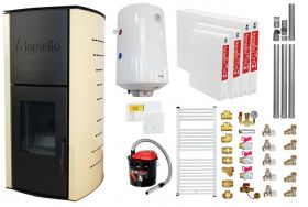 Pachet Termosemineu pe peleti Fornello Royal Ivory 18 kW, complet echipat cu pompa, vas expansiune, automatizare, culoare crem, Boiler, kit evacuare 3.5 ml, Termostat Salus 091FLRFV2 Aspirator Cenusa, Calorifere si Fitinguri