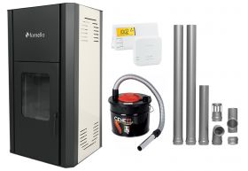 Pachet Termosemineu peleti Fornello Primo Pellet Ivory 25 kw, complet echipat pentru incalzire, pompa circulatie, vas expansiune, automatizare, kit evacuare 2.5 ml, Termostat Salus 091FLRFV2, Aspirator Cenusa