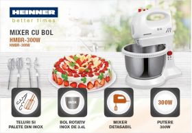 Mixer cu bol Charm, Heinner, 300 W, 5 viteze, alb/gri