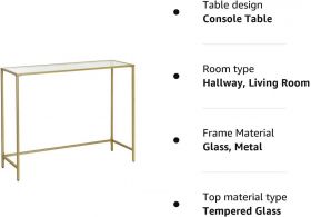 Consola Minimalist, Vasagle, 100 x 35 x 80 cm, otel/sticla temperata, auriu