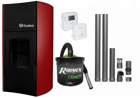Pachet Termosemineu peleti Fiama Bordeaux 25 kw, complet echipat pentru incalzire, pompa circulatie, vas expansiune, automatizare, kit evacuare 2.5 ml, Termostat Radio Comanda Salus RT 305 RF, Aspirator Cenusa
