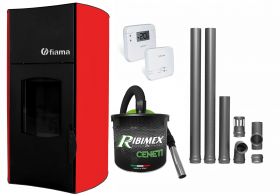 Pachet Termosemineu peleti Fiama Red 25 kw, complet echipat pentru incalzire, pompa circulatie, vas expansiune, automatizare, kit evacuare 2.5 ml, Termostat Radio Comanda Salus RT 305 RF, Aspirator Cenusa