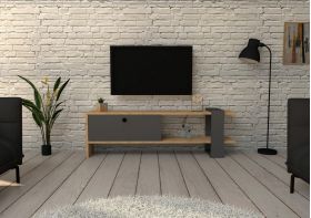 Comoda TV, Puqa Design, Yonca, 120x36.8x25 cm, PAL, Antracit / Stejar