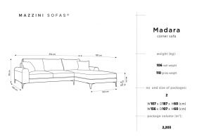 Coltar dreapta, Madara, Mazzini Sofas, 5 locuri, gold legs, 254x182x90 cm, catifea, albastru regal