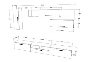 Living Kos V19, Negru/Alb Lucios, MDF, L 285 cm