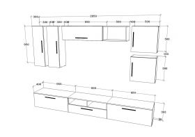 Living Kos V1, Negru/Alb Lucios, MDF, L 285 cm