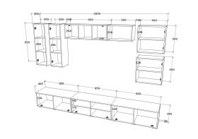 Living Kos V1, Negru/Alb Lucios, MDF, L 285 cm