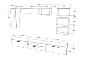 Living Kos V5, Negru/Alb Lucios, MDF, L 285 cm