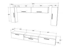 Living Kos V6, Negru/Alb Lucios, MDF, L 285 cm