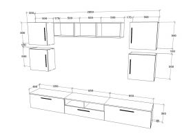 Living Kos V3, Negru/Alb Lucios, MDF, L 285 cm