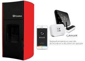 Pachet control de la distanta Termosemineu centrala peleti Fiama Red 25 kw, pompa, vas expansiune, automatizare, telecomanda, buncar peleti 30 kg, tiraj fortat, culoare alb si termostat Wi-Fi Salus IT 500