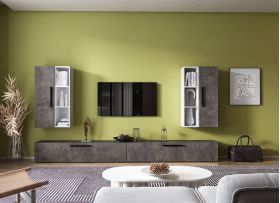 Living Pati 145 - Mobila Sufragerie Gri Beton + Alb