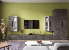 Living Pati 145 - Mobila Sufragerie Gri Beton + Alb