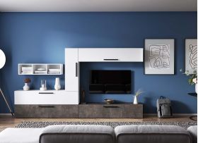 Living Pati 185 - Mobila Sufragerie Gri Beton + Alb