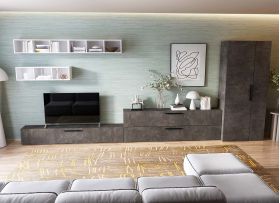 Living Pati 195 - Mobila Sufragerie Gri Beton + Alb
