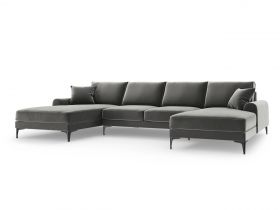 Coltar panoramic, Madara, Mazzini Sofas, 6 locuri, 334x182x90 cm, catifea, gri deschis