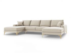 Coltar panoramic, Madara, Mazzini Sofas, 6 locuri, gold legs, 334x182x90 cm, material structurat, bej deschis