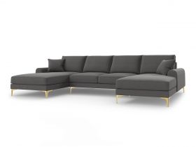 Coltar panoramic, Madara, Mazzini Sofas, 6 locuri, gold legs, 334x182x90 cm, material structurat, gri inchis