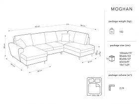 Coltar panoramic extensibil dreapta 7 locuri, Moghan, Micadoni Home, GL, 313x194x88 cm, catifea, albastru regal