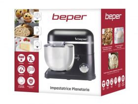 Mixer planetar Beper, 1500 W, 7 L, 41.7x27.8x37.6 cm, inox/plastic, negru