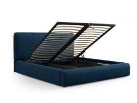 Pat tapitat cu tablie si lada depozitare, Colonel, Cosmopolitan Design, 140x200 cm, material structurat, albastru royal