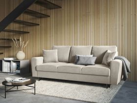 Canapea extensibila 3 locuri, Moghan, Micadoni Home, BL, 235x100x88 cm, catifea, bej deschis