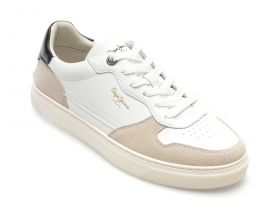 Pantofi PEPE JEANS albi, CAMDEN STREET,  din piele ecologica