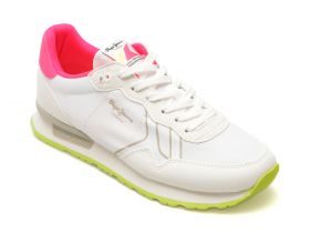 Pantofi sport PEPE JEANS albi, BRIT NEON,  din material textil