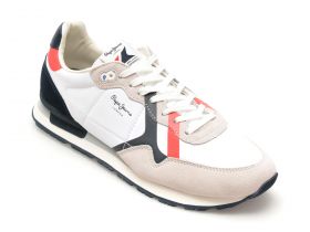 Pantofi sport PEPE JEANS albi, BRIT ROAD,  din material textil