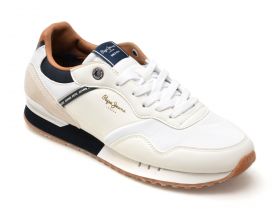 Pantofi sport PEPE JEANS albi, LONDON COURT,  din piele ecologica