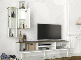 Comoda TV cu rafturi de perete Ravenna White, Talon, 180 x 50.5 cm/88.6 x 25 cm, alb/auriu/negru