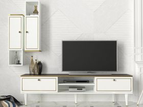 Comoda TV cu rafturi de perete Ravenna White, Talon, 180 x 50.5 cm/88.6 x 25 cm, alb/auriu/negru