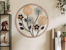 Decoratiune de perete Flowery, Mauro Ferretti, Ø50 cm, fier/MDF/rafie, maro/negru