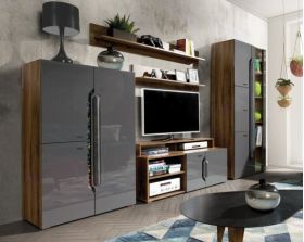 Living DAVOS Z.A.,6 corpuri, cu lumini LED si soft close, corp PAL nuc inchis, fronturi MDF gri, 310x196x58 cm