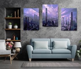 Set 3 tablouri peisaj urban futurist multicanvas - Dimensiune multicanvas: 3 tablouri 80x120 cm