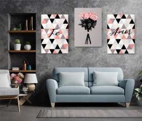 Set 3 tablouri trandafiri forme geometrice - Dimensiune multicanvas: 3 tablouri 80x120 cm