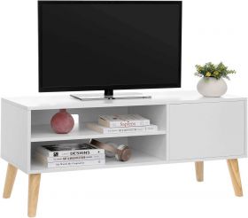 Comoda TV, Vasagle, 110 x 40 x 49.5 cm, PAL/lemn masiv, alb