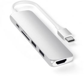 Satechi USB-C Slim Multimedia Adapter V2, 1x HDMI 4K, 2x USB 3.0, 1x microSD, Silver