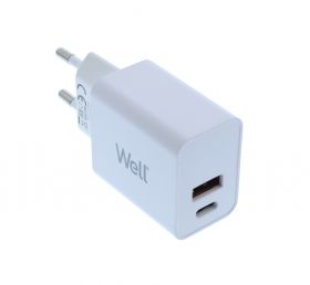 incarcator retea well, 1x usb-a qc3.0, 1x usb-c pd 30w, alb, punga