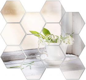 Set 12 oglinzi acrilice autoadezive decorative forma hexagon, diametru 7, 13, 20 si 23 cm