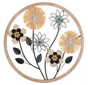 Decoratiune de perete Flowery, Mauro Ferretti, Ø50 cm, fier/MDF/rafie, maro/negru