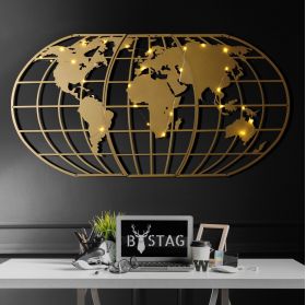 Decoratiune de perete, World Map Globe Led, Metal, Dimensiune: 60 x 120 cm, Auriu