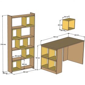 Set birou si biblioteca, Hommy Craft, Box, 120x75x65 cm, Nuc / Galben