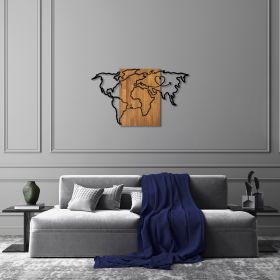 Decoratiune de perete, Wold Map, 50% lemn/50% metal, Dimensiune: 118 x 3 x 70 cm, Nuc negru