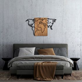 Decoratiune de perete, Wold Map, 50% lemn/50% metal, Dimensiune: 118 x 3 x 70 cm, Nuc negru