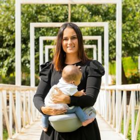 Centura port-bebe evolutiva cu buzunare Seccaby InnovaGoods, 122 x 20 x 16 cm, gri/verde